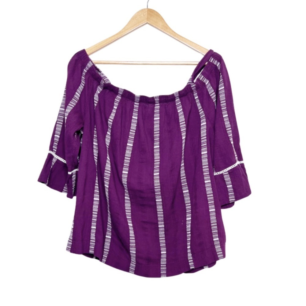 Sonoma Womens Off Shoulder Striped Bell Sleeve Purple Blouse Top‎